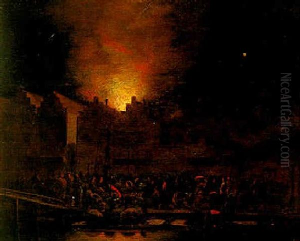 Figures Fighting A Fire In A City At Night Oil Painting by Egbert Lievensz van der Poel