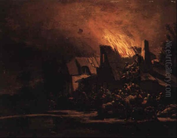 Burning Farmhouse With Villagers Oil Painting by Egbert Lievensz van der Poel