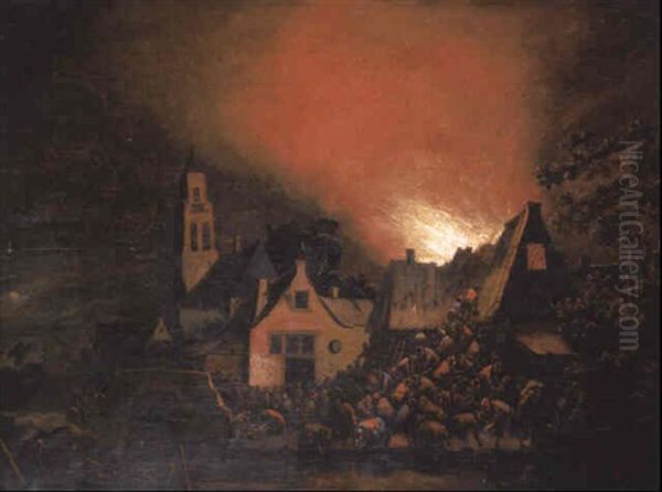 A Townhouse Ablaze At Night With Peasants Fire-fighting Oil Painting by Egbert Lievensz van der Poel