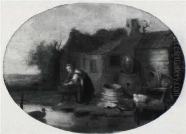 Peasant Woman At Work In A Farmyard With Ducks And Kitchen Utensils Oil Painting by Egbert Lievensz van der Poel