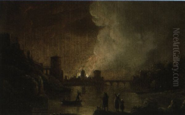 Fire In A River Town At Night Oil Painting by Egbert Lievensz van der Poel