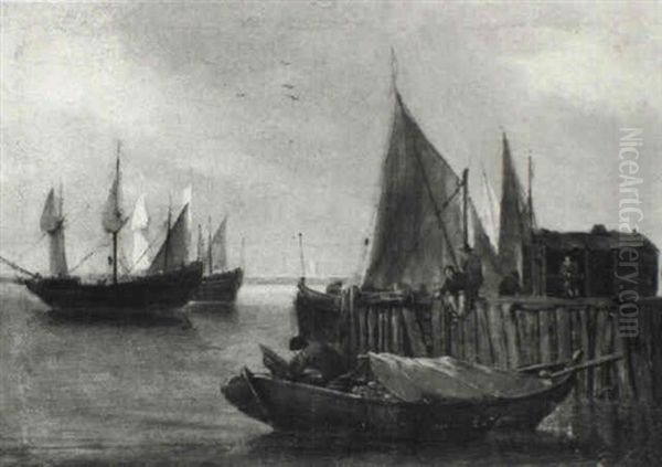 Boat Moored To Quay Where Figures Stroll And Fish Oil Painting by Egbert Lievensz van der Poel