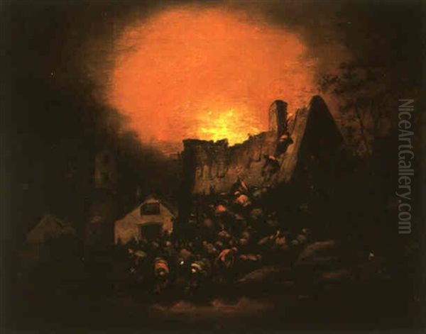 Burning Cottage At Night With People Fetching Buckets Of Water At A Stream Oil Painting by Egbert Lievensz van der Poel