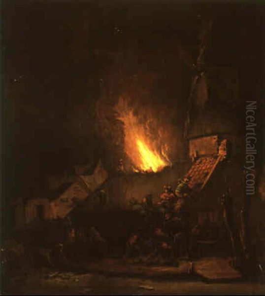 Burning Cottage At Night With Men Fighting A Fire Oil Painting by Egbert Lievensz van der Poel