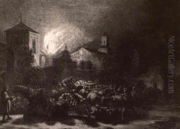 A Burning Town At Night Oil Painting by Egbert Lievensz van der Poel