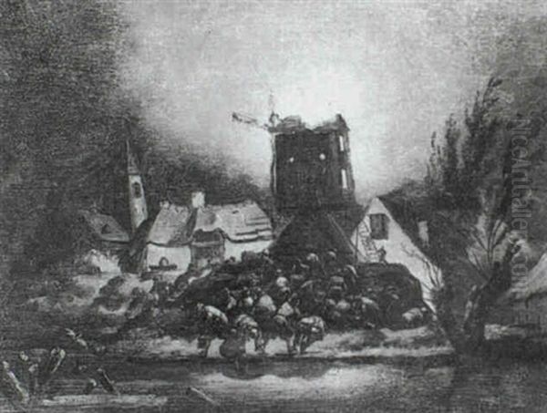 Villagers Collecting Water By Moonlight From A River To     Dowse A Fire Blazing In A Windmill At The Edge Of A Town by Egbert Lievensz van der Poel