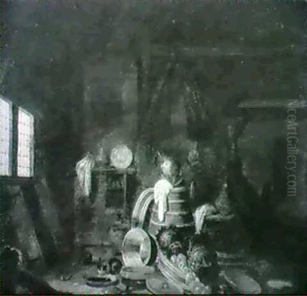 Interior With A Maid And Kitchen Utensils by Egbert Lievensz van der Poel