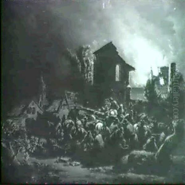 Nachtliche Feuersbrunst Und Fliehende Bauern Vorn Oil Painting by Egbert Lievensz van der Poel