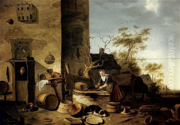 A Woman Cleaning Fish Before A Farmhouse Oil Painting by Egbert Lievensz van der Poel