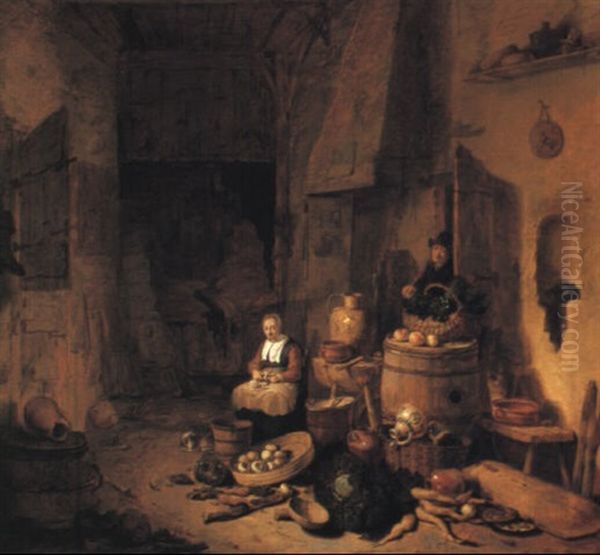 Cottage Interior With A Maid Peeling Turnips And A Man Approaching Oil Painting by Egbert Lievensz van der Poel