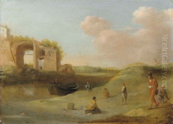 An Italianate River Landscape With Travellers Oil Painting by Cornelis Van Poelenburgh