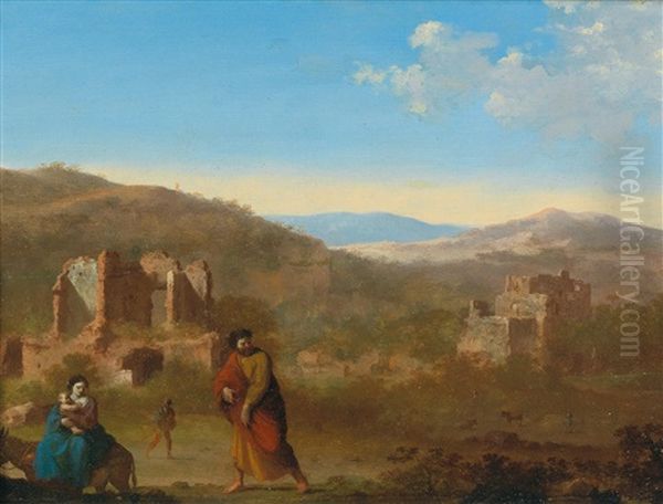 An Italianate Landscape With The Holy Family On The Flight Into Egypt Oil Painting by Cornelis Van Poelenburgh