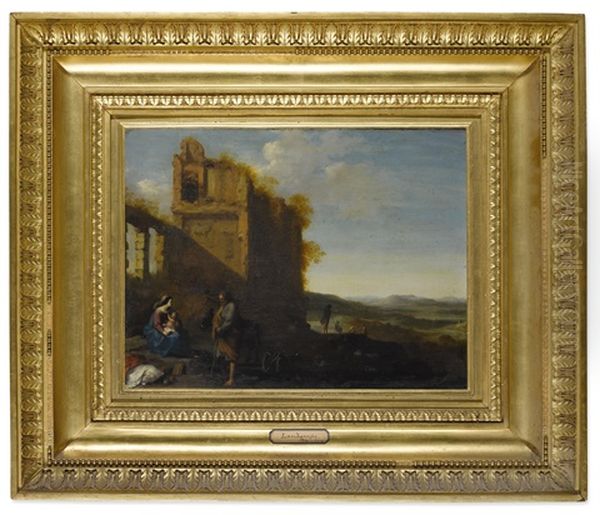 The Rest On The Flight Into Egypt, With Classical Ruins In An Extensive Landscape, Herdsmen And Goats Beyond Oil Painting by Cornelis Van Poelenburgh