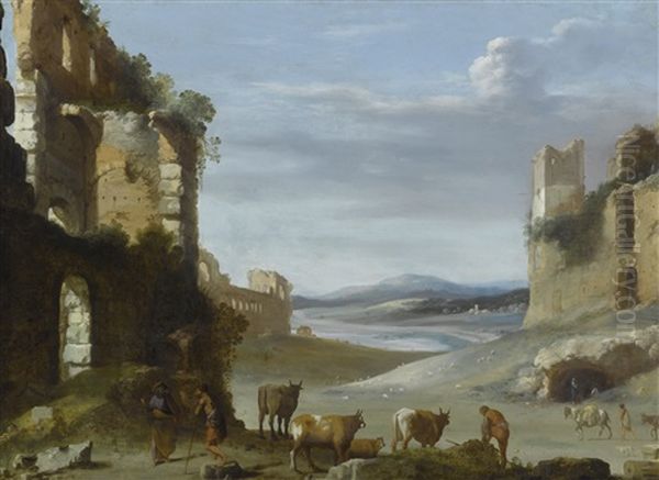 Roman Landscape With Ruins Oil Painting by Cornelis Van Poelenburgh