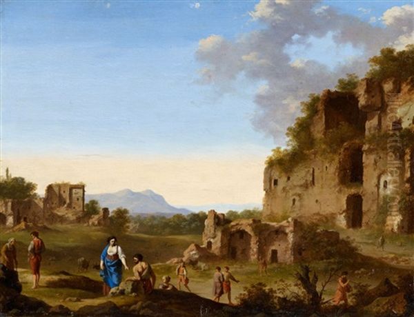 Roman Landscape With Ruins And Travellers Oil Painting by Cornelis Van Poelenburgh