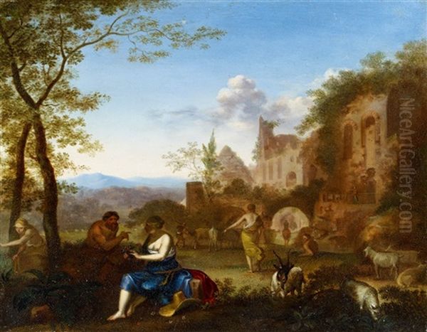 Roman Landscape With The Pyramid Of Cestius, Nymphs And Satyrs Oil Painting by Cornelis Van Poelenburgh