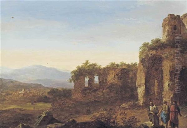 An Italianate Landscape With With Figures Conversing Amongst Ancient Ruins, A Fortified City And Mountains Beyond Oil Painting by Cornelis Van Poelenburgh