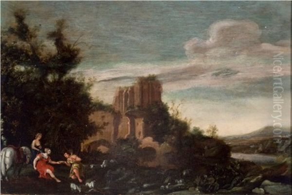 The Huntress Diana With Handmaiden And Shepherd With Ruins In The Background Oil Painting by Cornelis Van Poelenburgh