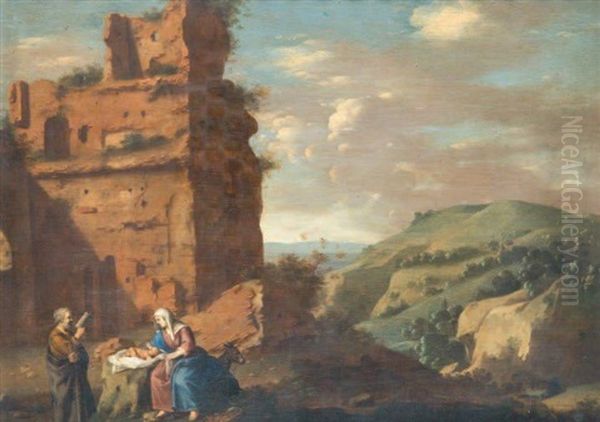 Le Repos De La Sainte Famille Pendant La Fuite En Egypte Oil Painting by Cornelis Van Poelenburgh