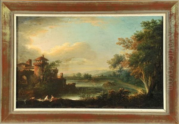 See Mit Badenden In Baumlandschaft Mit Hausern Oil Painting by Cornelis Van Poelenburgh