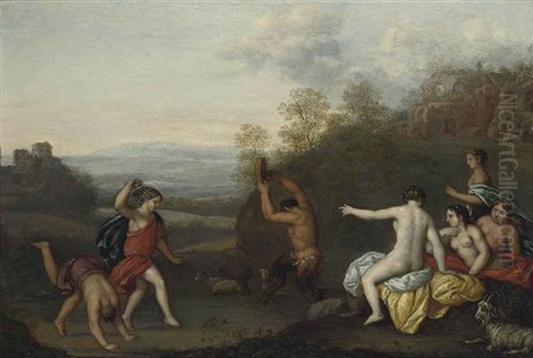 Nymphs And A Satyr Dancing In A Landscape, Ruins Beyond by Cornelis Van Poelenburgh