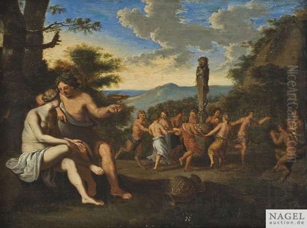 Bacchanal Mit Nymphen Und Faunen Beim Tanz Um Eine Panstatue Oil Painting by Cornelis Van Poelenburgh