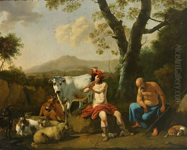 Merkur Schlafert Argus Mit Seiner Musik Ein Oil Painting by Cornelis Van Poelenburgh