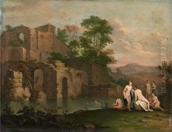 Sudliche Ruinenlandschaft Mit Badenden by Cornelis Van Poelenburgh