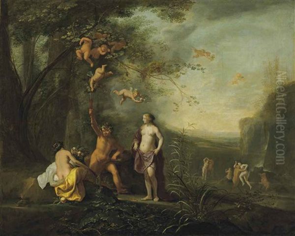 Bacchus, Venus And Ceres Under A Grapevine In A Pastoral Landscape With Putti, Nymphs And Satyrs Oil Painting by Cornelis Van Poelenburgh