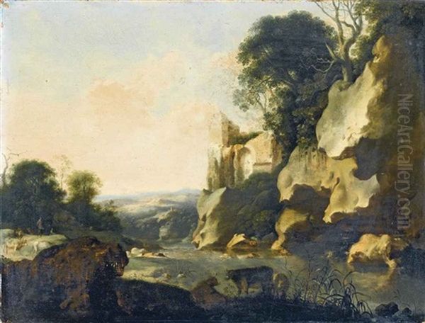 Poelenburgh_cornelis Paesaggio Roccioso Con Figure E Animali Oil Painting by Cornelis Van Poelenburgh