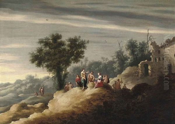 An Italianate Landscape With Figures Conversing Near A Ruin Oil Painting by Cornelis Van Poelenburgh