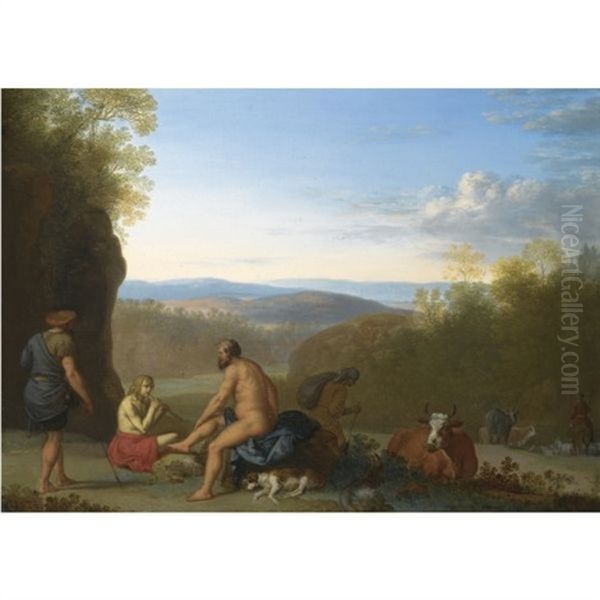 Mercury And Argus In A Landscape, Shepherds With Their Cattle Beyond Oil Painting by Cornelis Van Poelenburgh