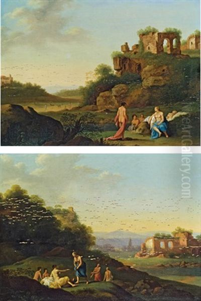 Pendants  Badende In Sudlicher Landschaft Oil Painting by Cornelis Van Poelenburgh