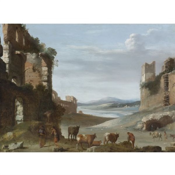 Roman Landscape With Ruins Oil Painting by Cornelis Van Poelenburgh