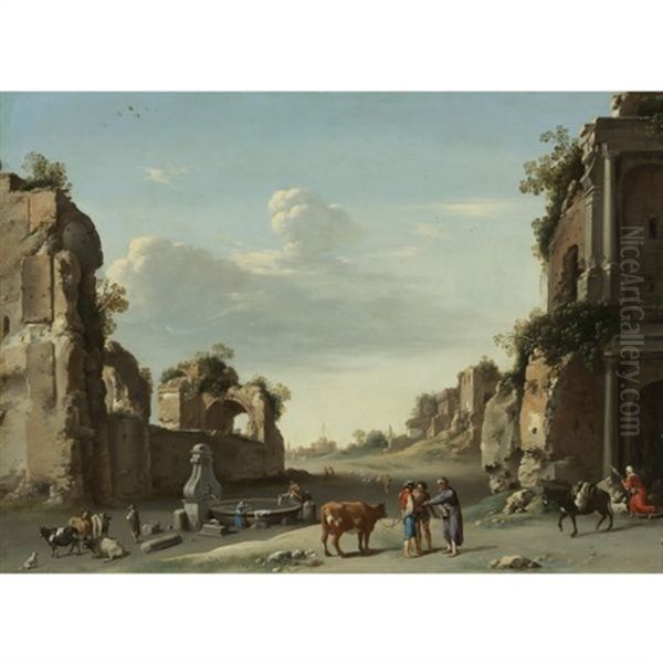 Capriccio Of Roman Ruins With A Merchant Buying A Bull, A Washerwoman At A Fountain And Drovers In The Foreground, Castel Sant'angelo In The Distance Oil Painting by Cornelis Van Poelenburgh