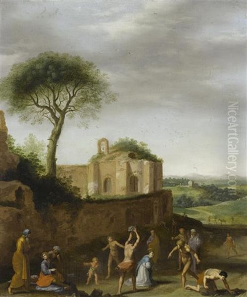 Martyrium Des Hl. Stephanus In Romischer Ruinenlandschaft Oil Painting by Cornelis Van Poelenburgh