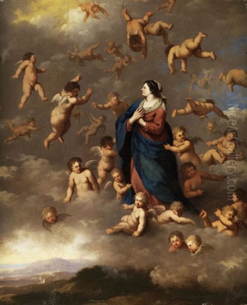 Maria In Den Wolken Umgeben Von Engeln Oil Painting by Cornelis Van Poelenburgh