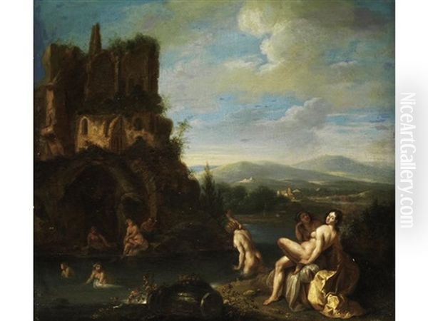 Badende Madchen Am Fus Einer Burgruine Oil Painting by Cornelis Van Poelenburgh