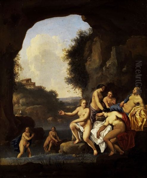 Badende Madchen In Sudlicher Ideallandschaft Oil Painting by Cornelis Van Poelenburgh