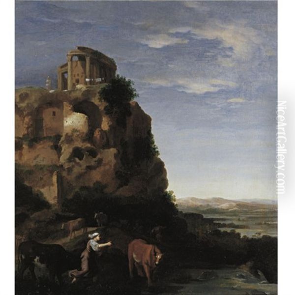 An Extensive Landscape With Herdsmen And Cattle Near Ruins, The Temple Of The Sybil On A Rock Beyond by Cornelis Van Poelenburgh