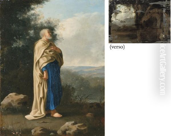 Saint Peter Standing In An Italianate Landscape (+ Landscape Painting, Verso) Oil Painting by Cornelis Van Poelenburgh