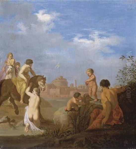 Clelie Traversant Le Tibre, Avec Le Chateau Saint-ange Dans Le Fond Oil Painting by Cornelis Van Poelenburgh