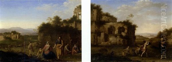 Paysage De La Campagne Romaine Avec Abraham Et Isaac (+ Paysage Avec Ruines Animees De Personnages; 2 Works) Oil Painting by Cornelis Van Poelenburgh