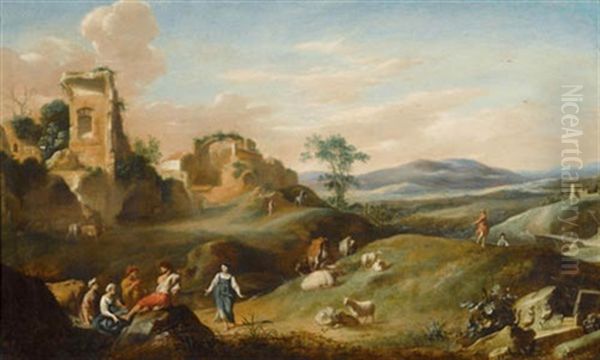 Ruinenlandschaft Mit Hirten Und Vieh Oil Painting by Cornelis Van Poelenburgh