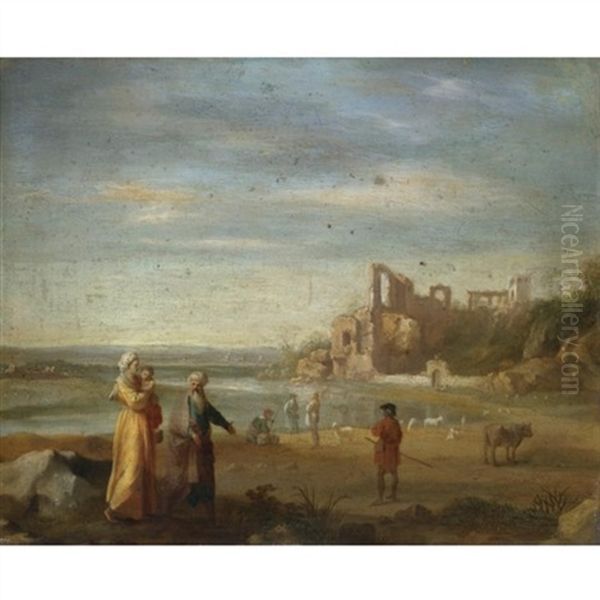 An Italianate Landscape With Abraham, Hagar And Ishmael by Cornelis Van Poelenburgh