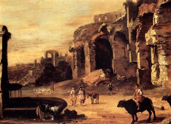 Figures Amongst Roman Ruins Oil Painting by Cornelis Van Poelenburgh