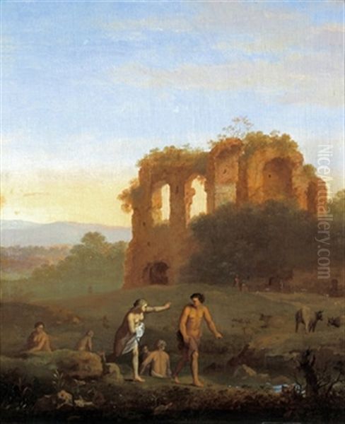 Arkadische Landschaft Mit Ruinen Und Badenden Oil Painting by Cornelis Van Poelenburgh