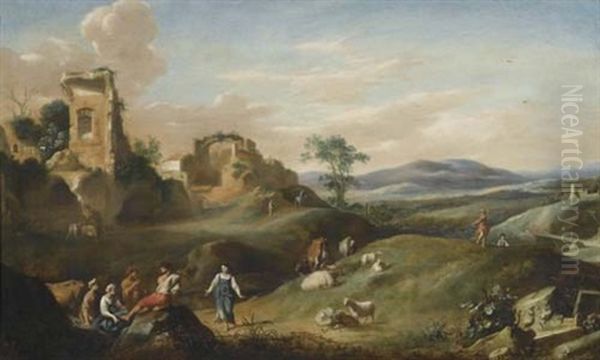 Ruinenlandschaft Mit Hirten Und Vieh Oil Painting by Cornelis Van Poelenburgh