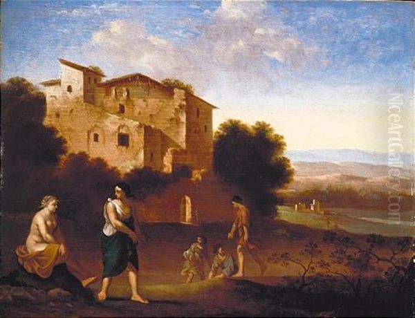 A Rocky River Landscape With Travellers, A Classical Temple Beyond by Cornelis Van Poelenburgh