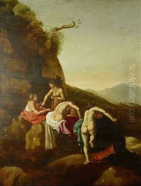 Diana Und Ihre Gefahrtinnen Beim Bad In Einer Gebirgslandschaft Oil Painting by Cornelis Van Poelenburgh